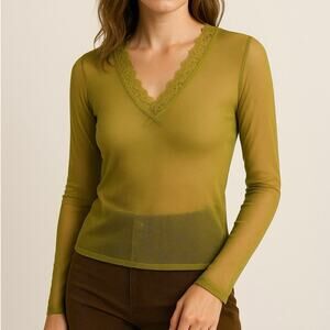 Moss Green Mesh Lace Long sleeve Top Goblincore Granola Girl Earthy Layering